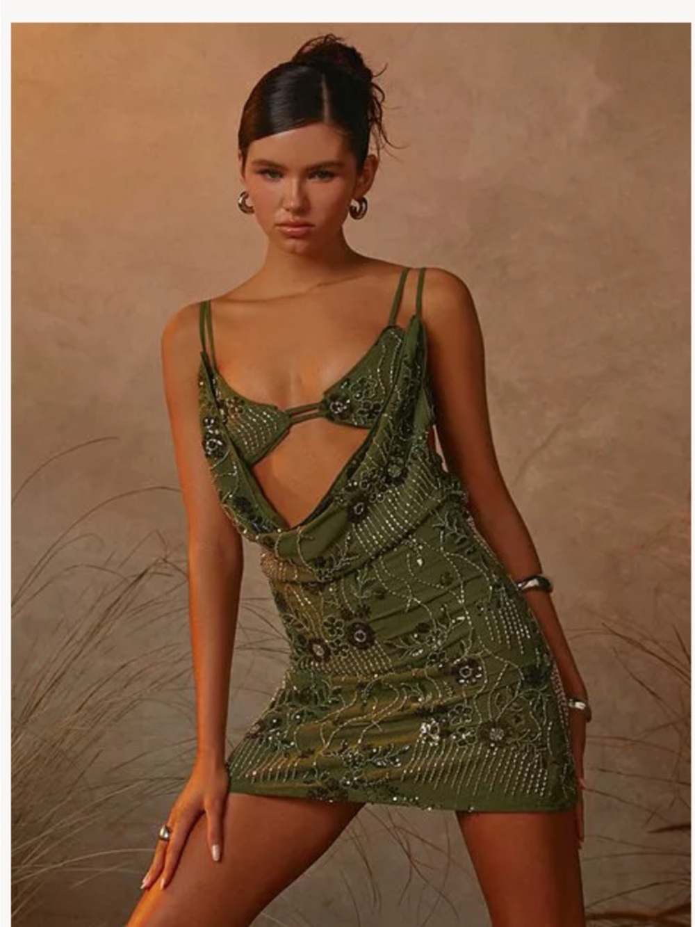 Peppermayo Celosia Beaded Mini Dress - Khaki